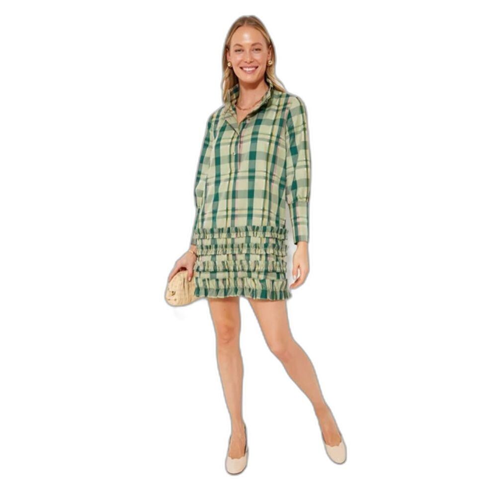 Tuckernuck Celia shirt dress tartan plaid ruffle holiday green EUC sz XS